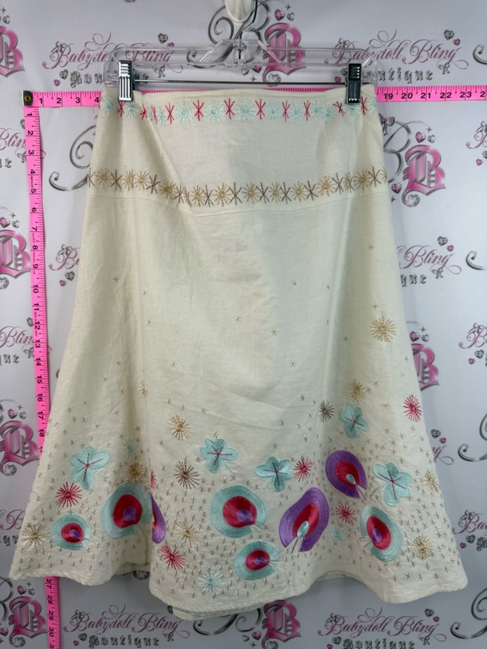 Malcolm & co skirt linen Embroidered Cream A-Line Skirt Multicolor Floral Motifs